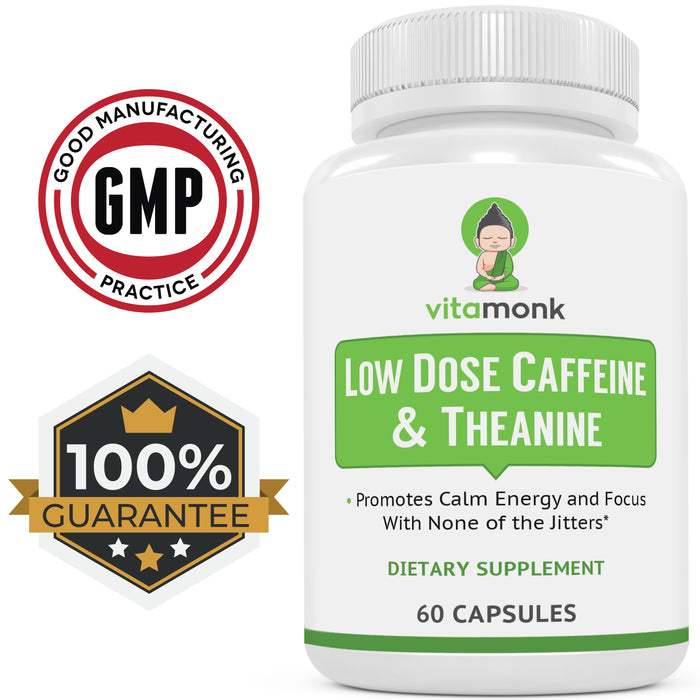 Low Dose Caffeine and Theanine - L Theanine Caffeine Pills - Microdose of L-theanine Caffeine Capsules - Time Release Caffeine Supplements - Caffeine L Theanine Pills - No Jitters - 60 Caps
