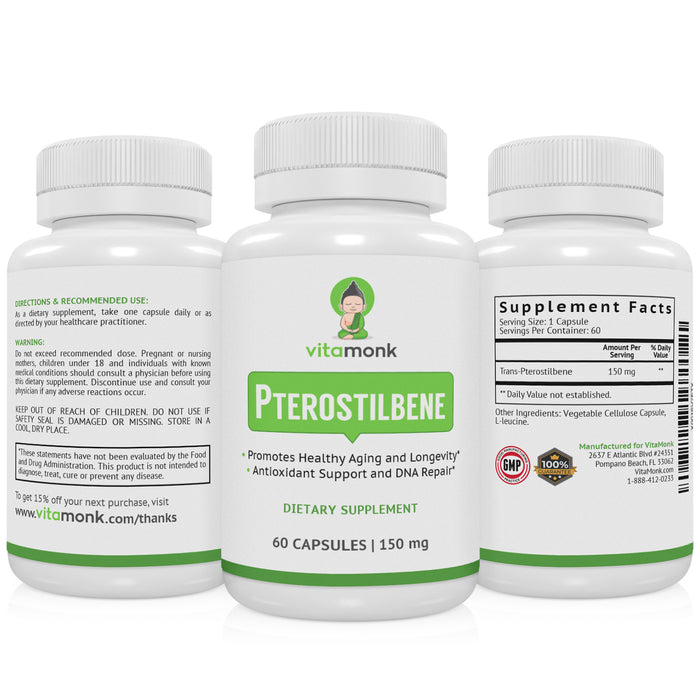 Pterostilbene 150mg Capsules - Supplement To Promote Longevity & Healthy Aging