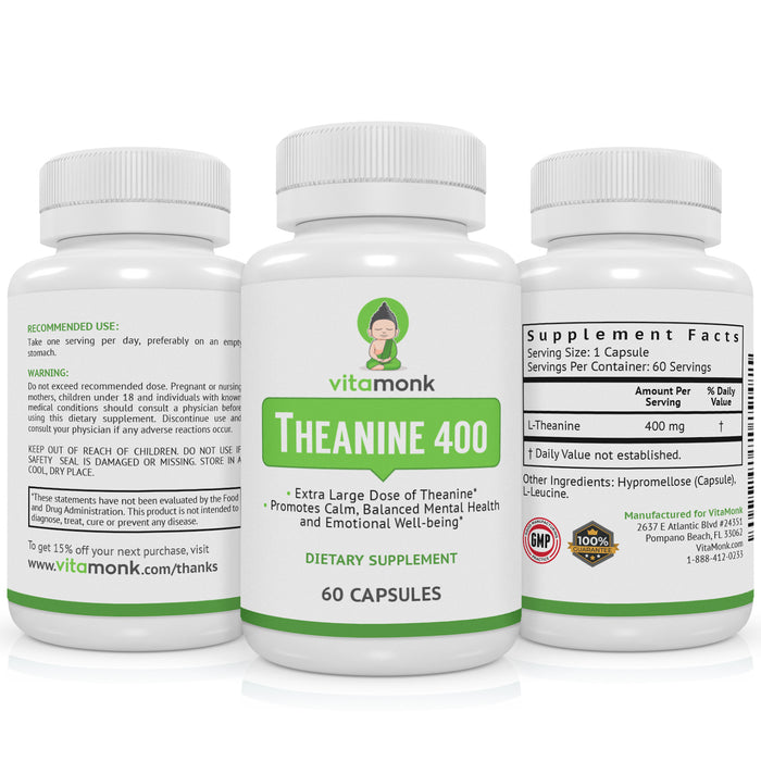 L Theanine 400mg Supplement - L-Theanine 400mg with No Artificial Fillers - Extra Strength L Theanine Supplement - Ltheanine 60 Capsules