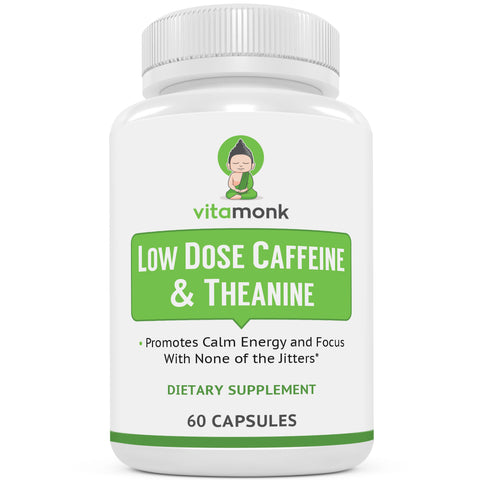 VitaMonk Low Dose Caffeine and Theanine - L Theanine Caffeine Pills - Microdose of L-theanine Caffeine Capsules - Time Release Caffeine Supplements - Caffeine L Theanine Pills - No Jitters - 60 Caps