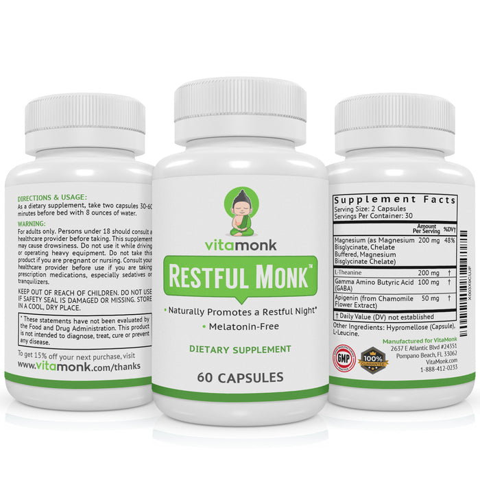 Restful Monk - Melatonin Free Sleep Aid With Magnesium, GABA, Theanine and Apigenin - Natural Sleep Aid Without Melatonin, Natural Sleep Aids for Adults, Sleeping Pills for Adults, Sleeping Aids for Adults